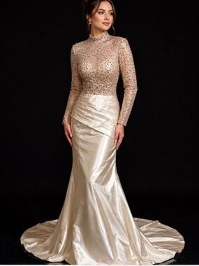 Source Unknown Pink Sequin Long Sleeve Gown with Cream Satin Skirt